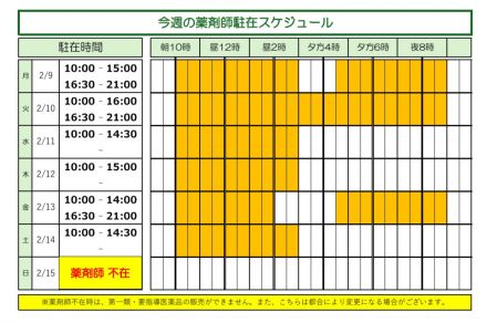 【薬品コーナー】今週の薬剤師駐在時間のお知らせ