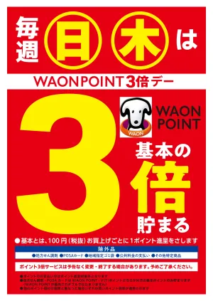 店舗限定！日曜木曜WAONPOINT3倍♪のチラシ画像