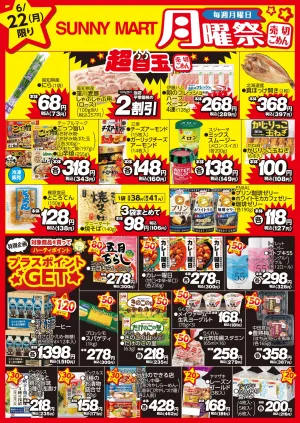 買うなら今！月曜だけのお買い得♪毎日屋の「月曜祭」売り切れごめんの超目玉商品お見逃しなく！のチラシ画像