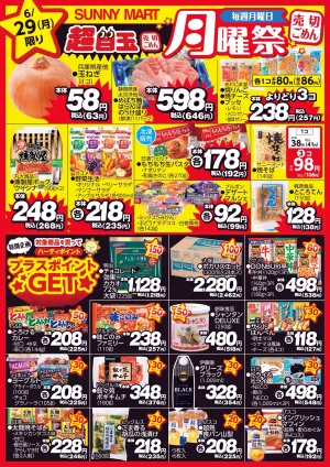 買うなら今！月曜だけのお買い得♪サニーマートの「月曜祭」売り切れごめんの超目玉商品お見逃しなく！のチラシ画像