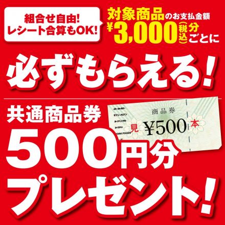 必ずもらえる！共通商品券500円分プレゼント！