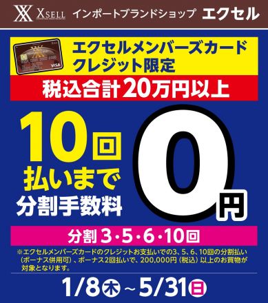 税込合計20万円以上　～10回払いまで分割手数料0円～