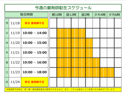 【薬品コーナー】今週の薬剤師駐在時間のお知らせ