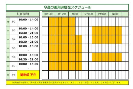 【薬品コーナー】今週の薬剤師駐在時間のお知らせ