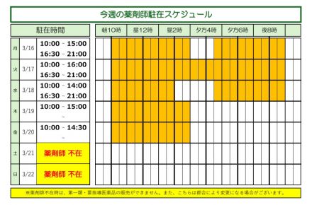 【薬品コーナー】今週の薬剤師駐在時間のお知らせ