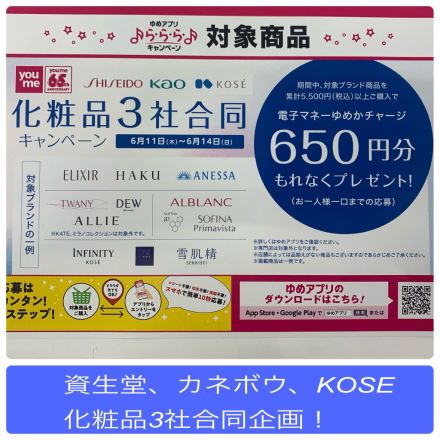 化粧品3社合同企画　ゆめかチャージ650円プレゼント！